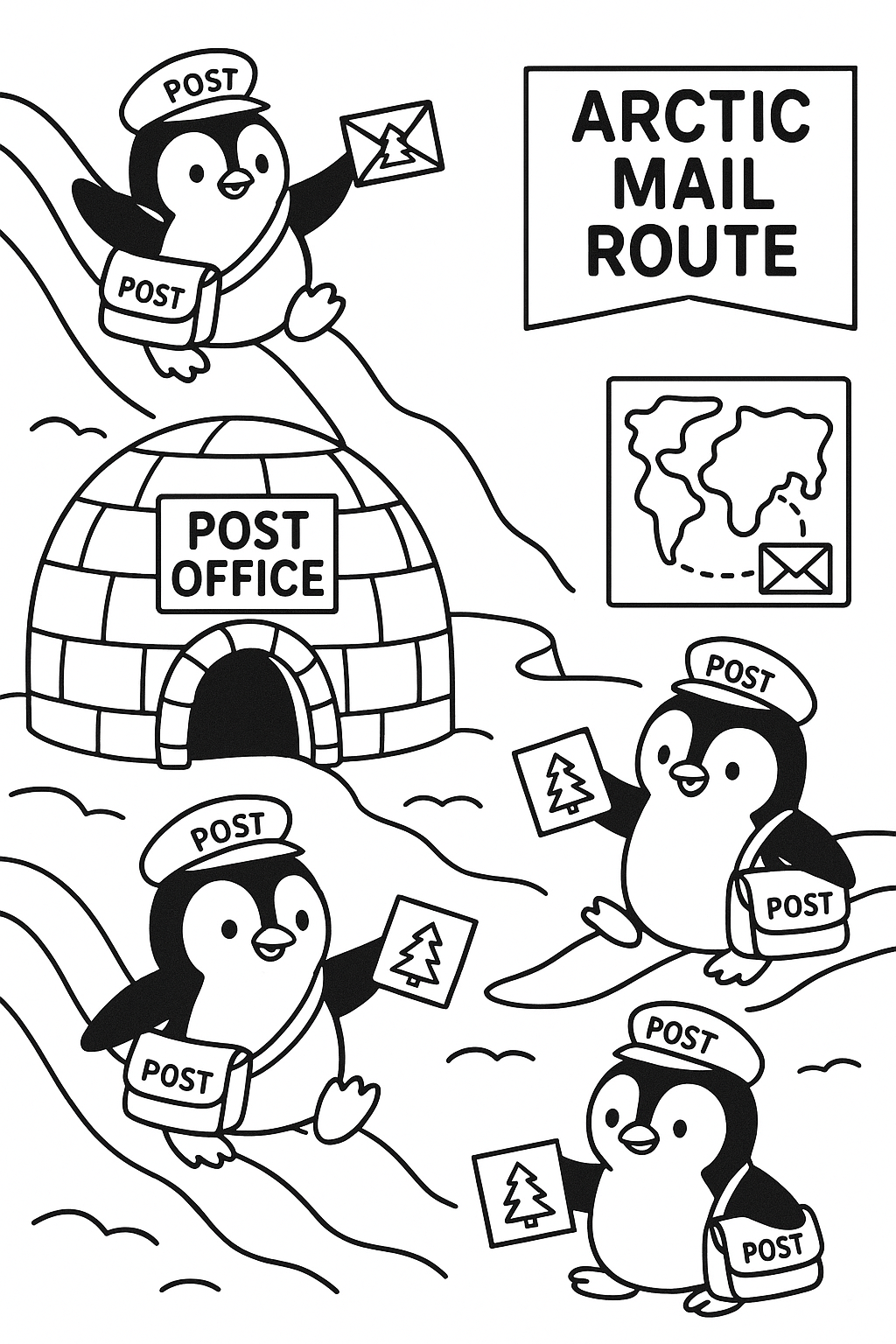 Penguins delivering Christmas cards on ice slides, postal uniforms, letter bags, igloo post office, Arctic mail route map, thick black line art, adorable delivery scene