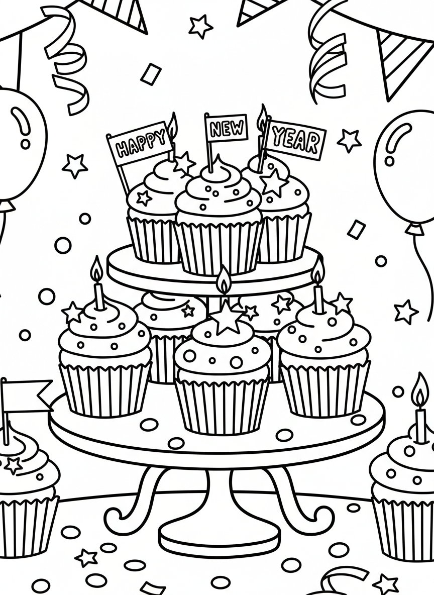 A simple scene of party cupcakes decorated with candles, stars, and small flags saying 'Happy New Year'