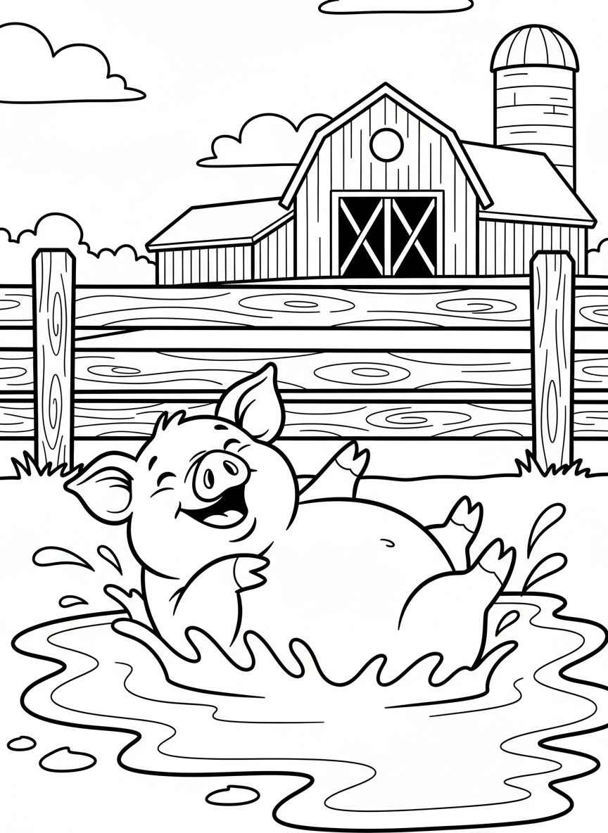 A cheerful pig rolling in a mud puddle with a wooden fence and farm buildings in the distance, simple shapes and clear lines.