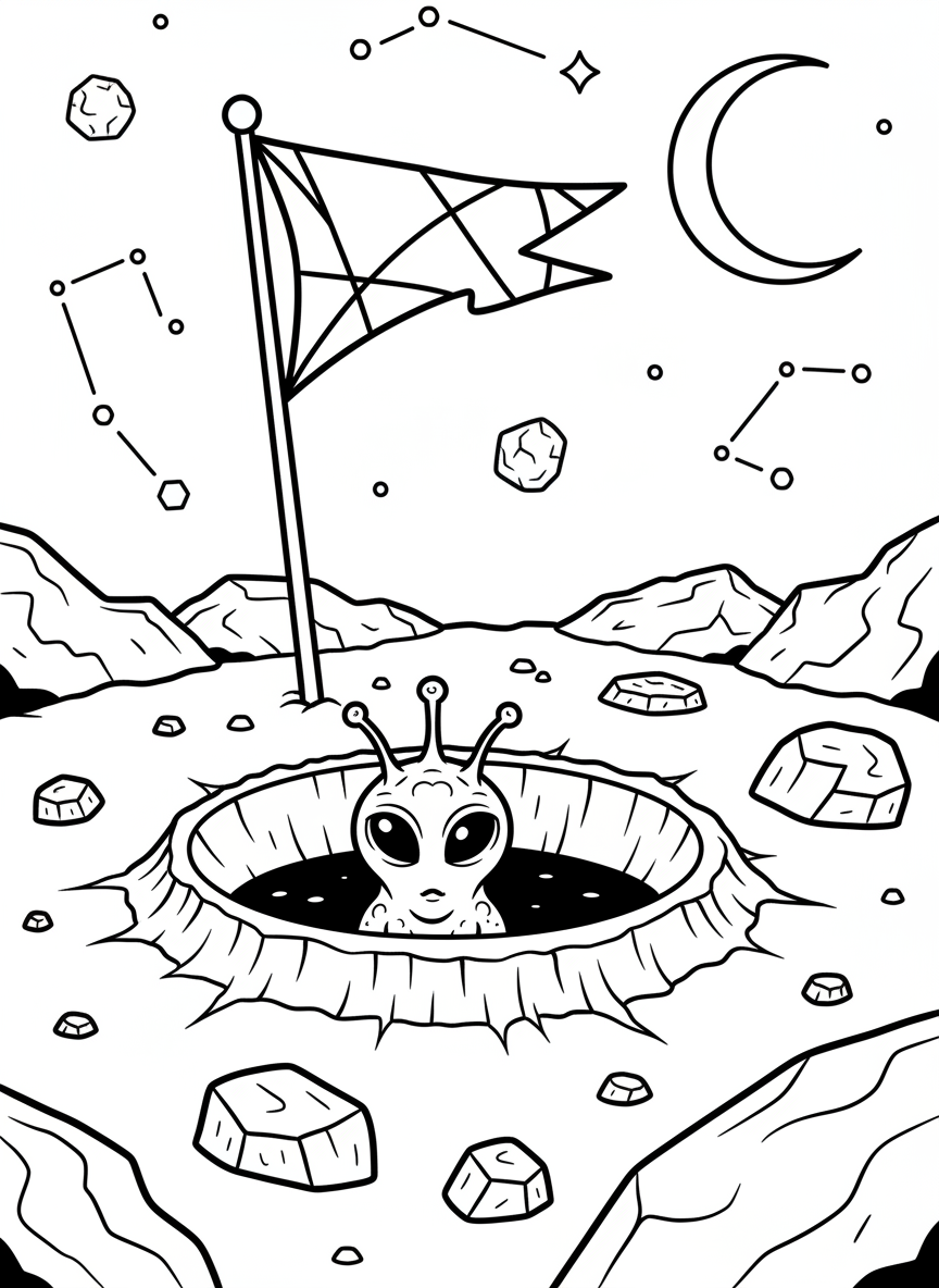 A tiny alien peeking out from inside a crater, surrounded by space rocks and a flag planted nearby