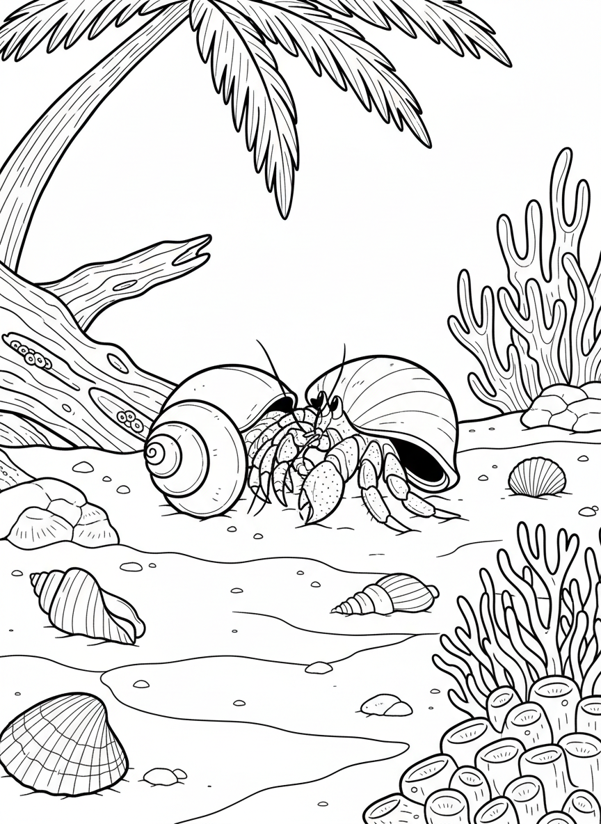 A hermit crab switching shells, with several empty shells scattered around on the sand.