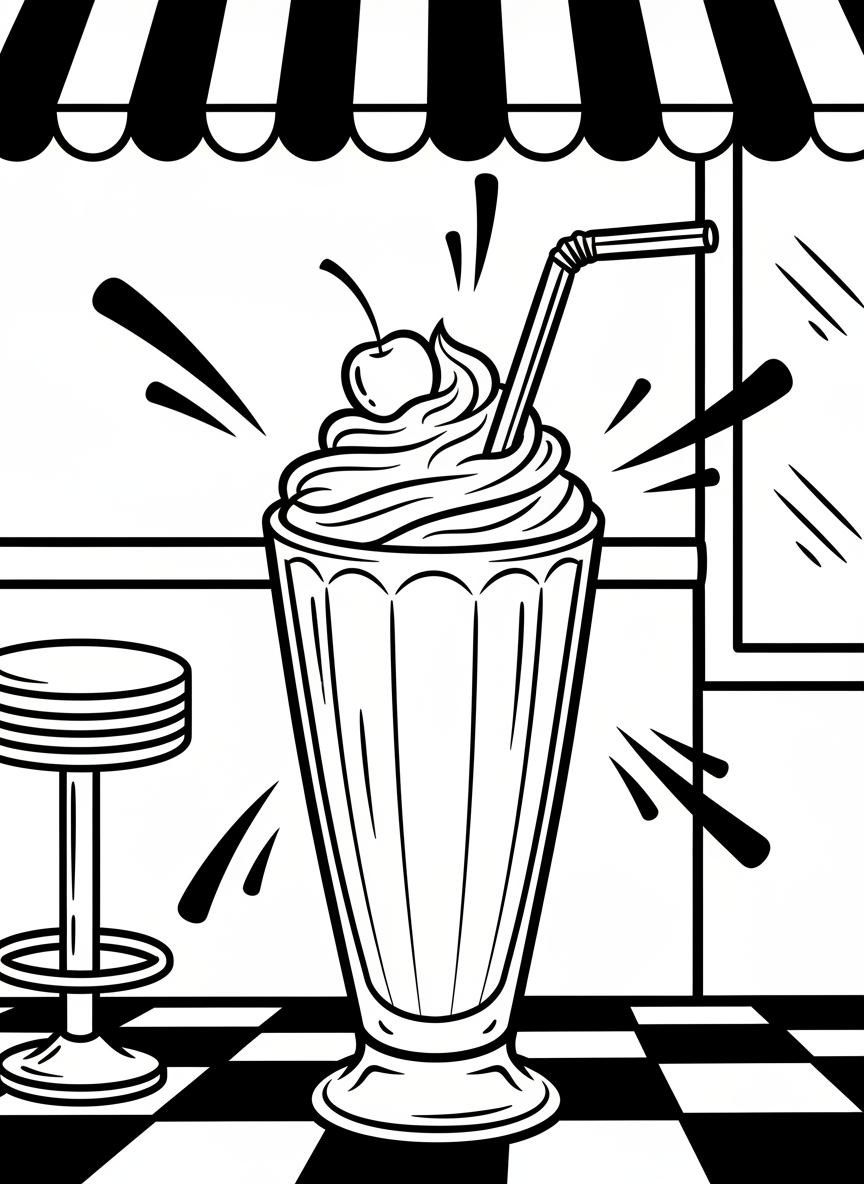 A milkshake in a tall glass with a striped straw, whipped cream on top, and a cherry, with motion lines showing it's delicious.
