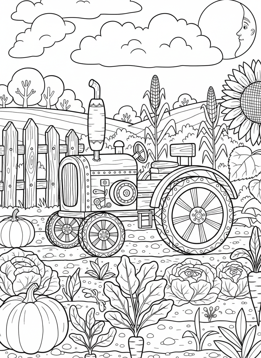 A whimsical handmade-looking tractor with large wheels, working in a garden with vegetables, folk art style coloring page