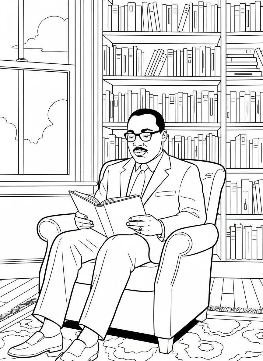 Simple scene of Martin Luther King Jr. reading books in a library, surrounded by shelves filled with books