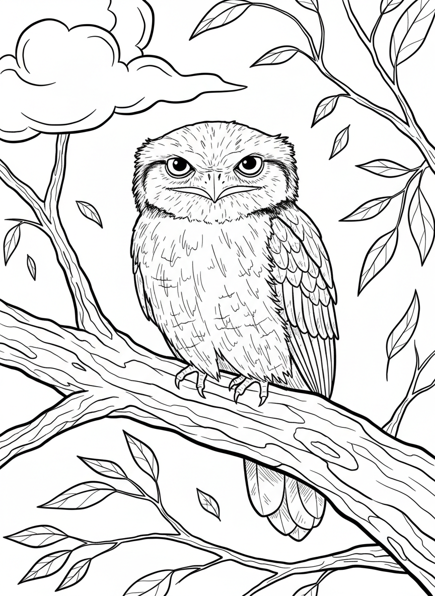 A tawny frogmouth bird sitting perfectly still on a tree branch, blending in with the bark texture