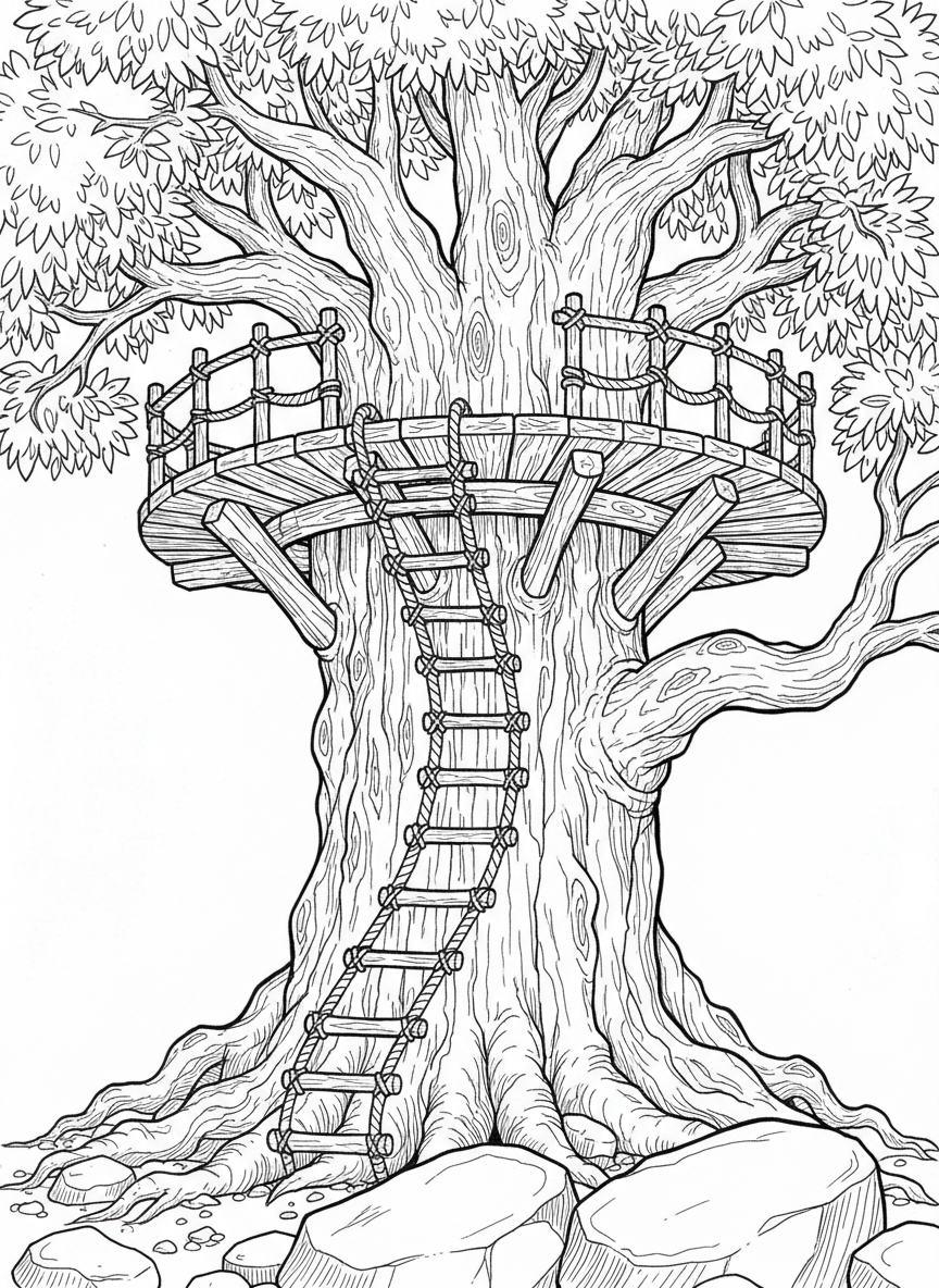 A spiral rope ladder wrapping around a tree trunk leading to a platform above.