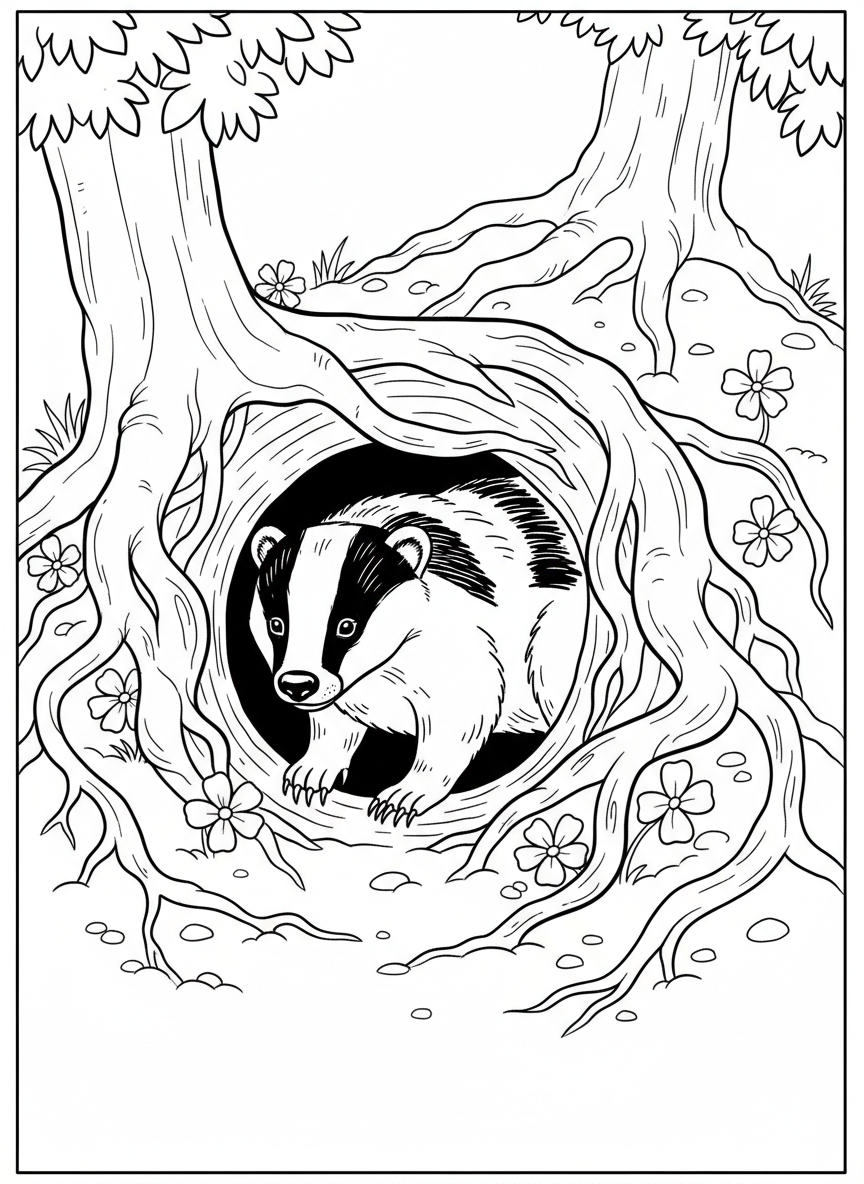 A badger emerging from its burrow surrounded by tree roots and small flowers, detailed scene