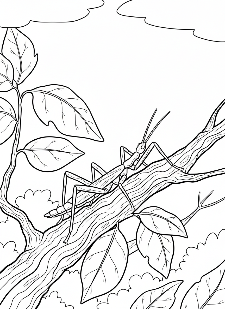 A walking stick insect camouflaged on a branch with leaves, encouraging children to spot the hidden bug.