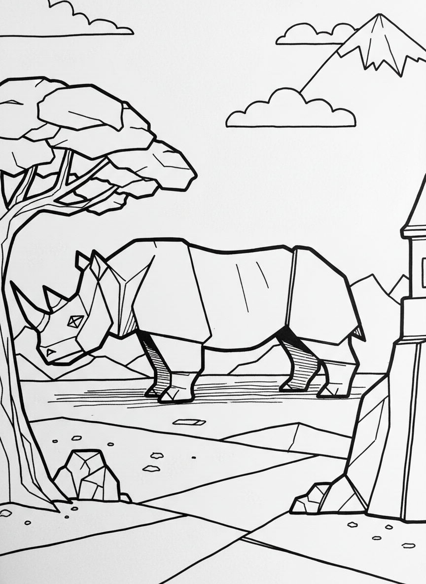 An origami rhinoceros with a prominent horn and sturdy geometric body, standing in profile view with thick folded legs