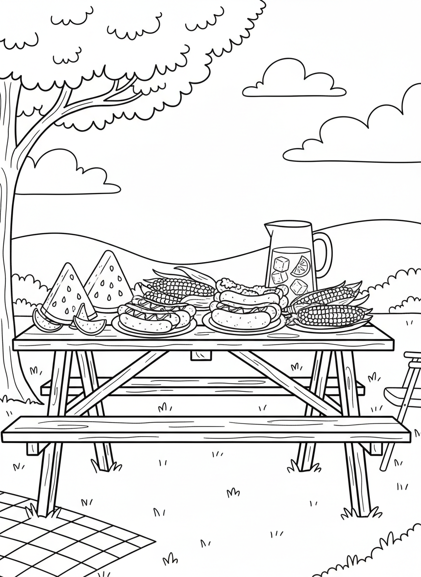 A large picnic table loaded with classic summer foods: watermelon slices, corn on the cob, hot dogs, and a pitcher of juice.