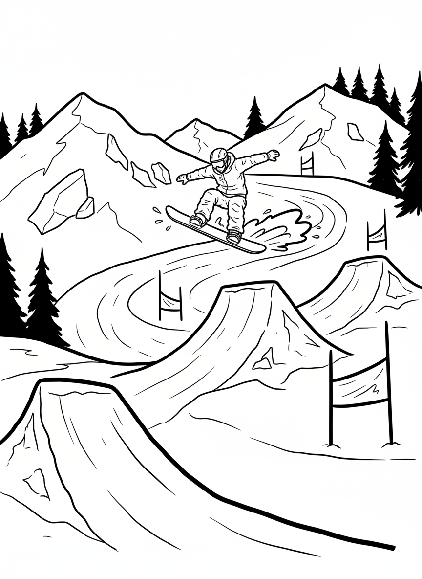 A snowboard cross racer navigating through gates and jumps on a winding snowy course with banked turns.