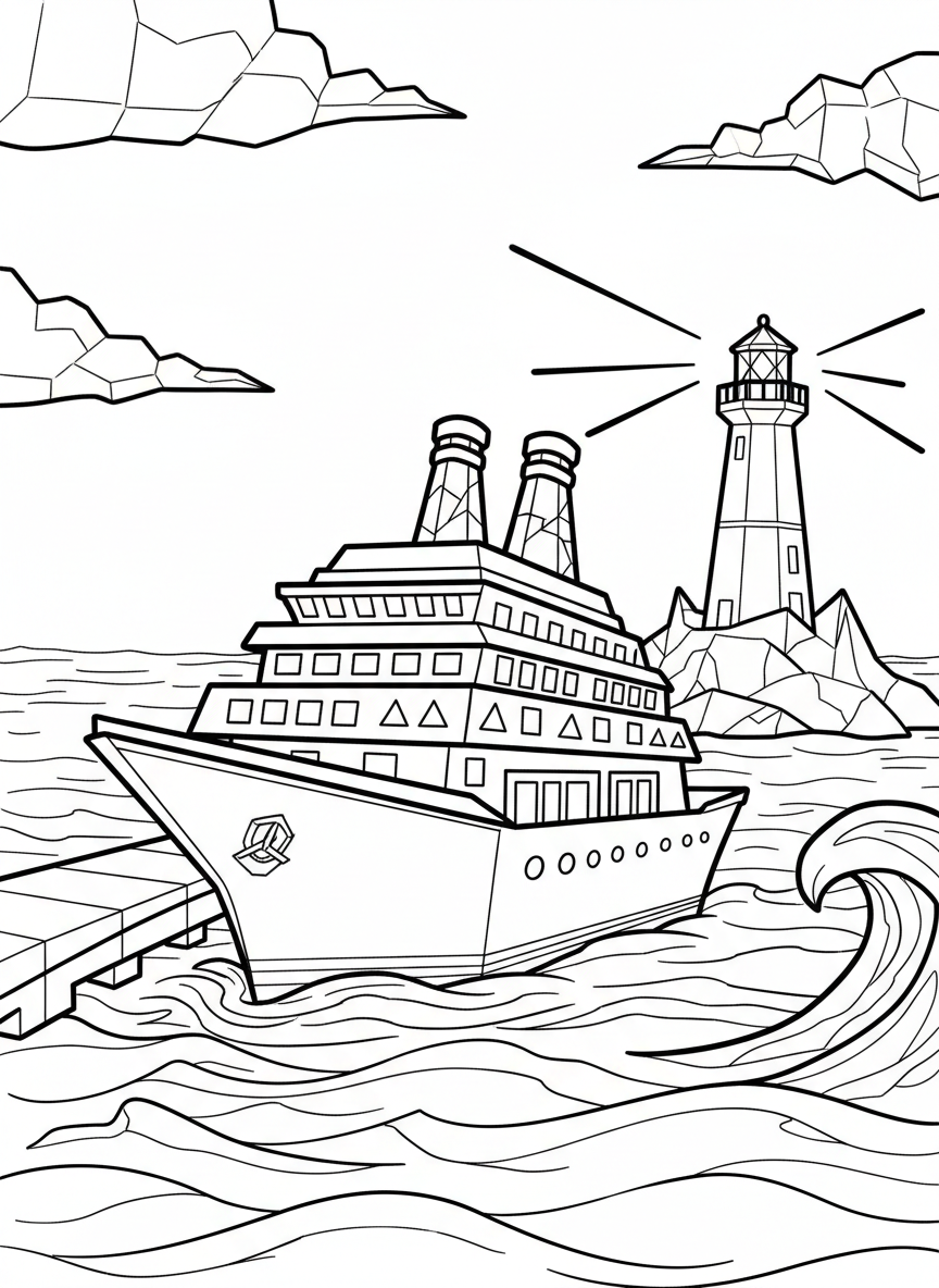 A whimsical origami cruise ship with multiple decks, geometric windows, and smokestacks, floating in the harbor with a lighthouse in the background.