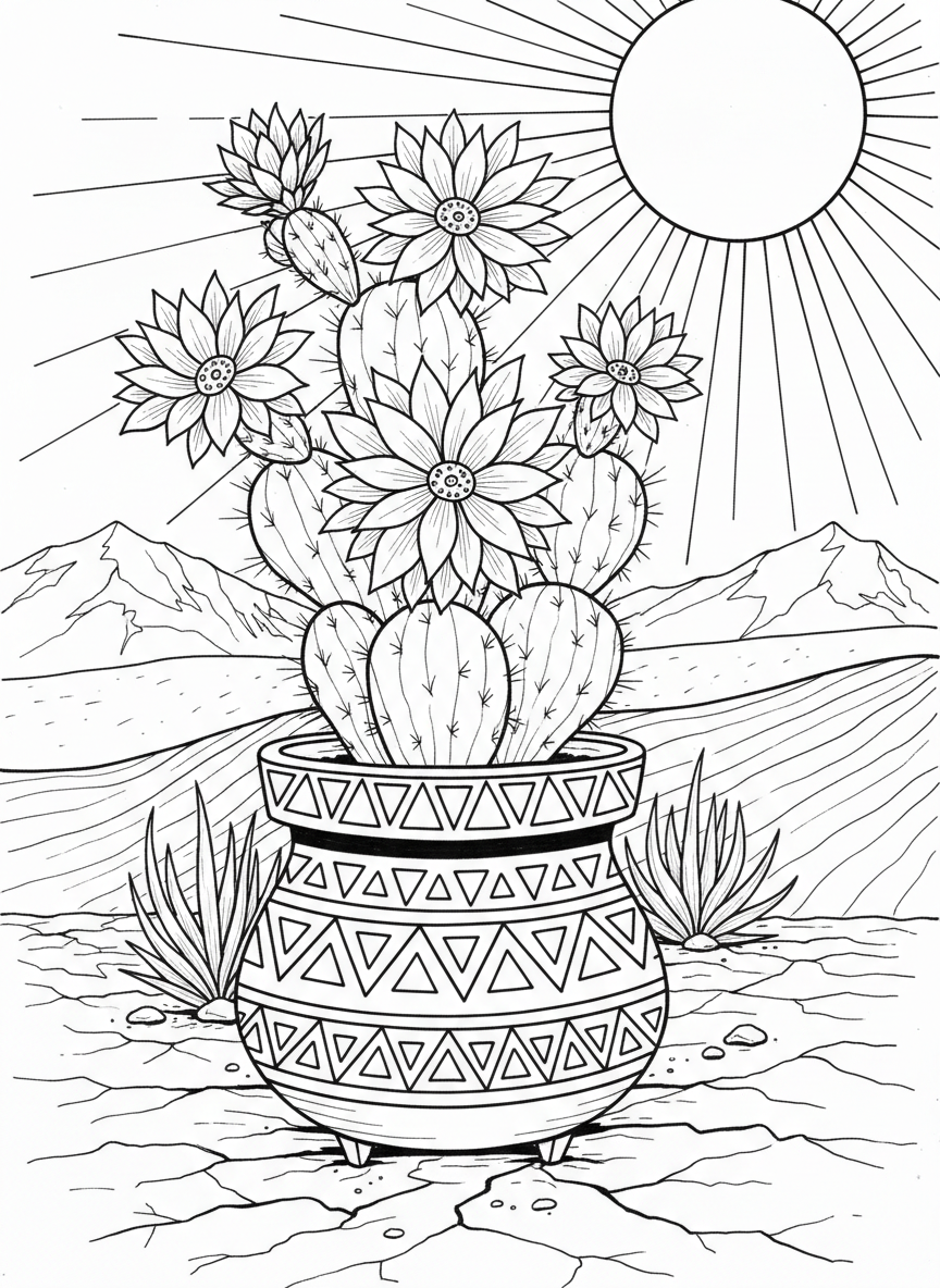 A potted cactus with blooming flowers on top, sitting in a decorative pot with geometric patterns, simple desert plant.