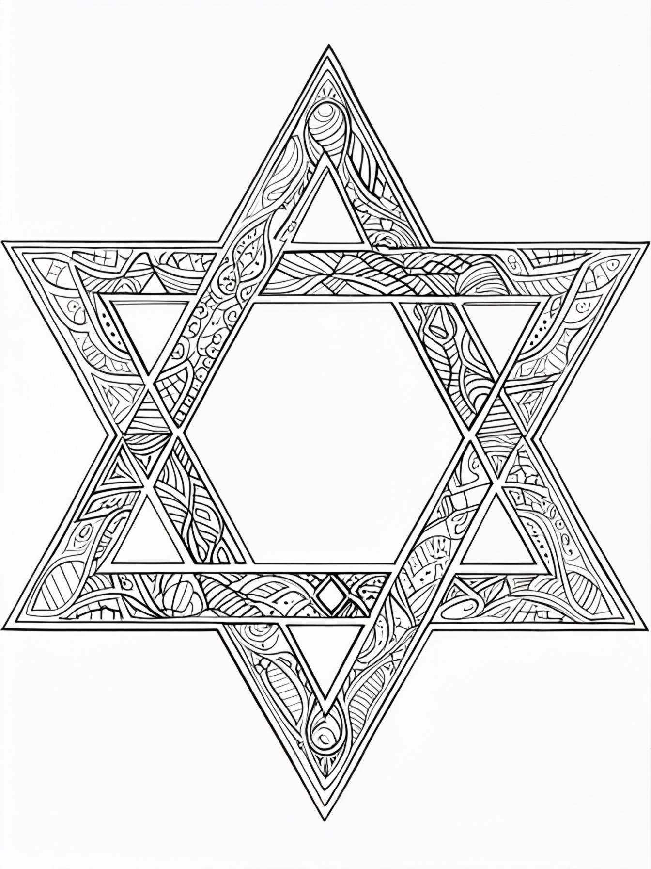 Star of David Mandala: A large, central Star of David. The star and the background are filled with intricate, repeating patterns (like a mandala) for detailed coloring.