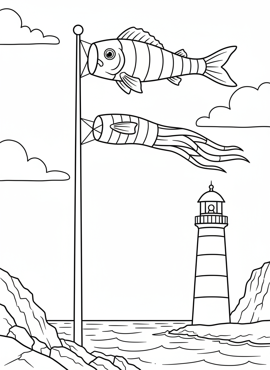 A striped windsock shaped like a fish with fins and tail, mounted on a pole near a lighthouse by the ocean.