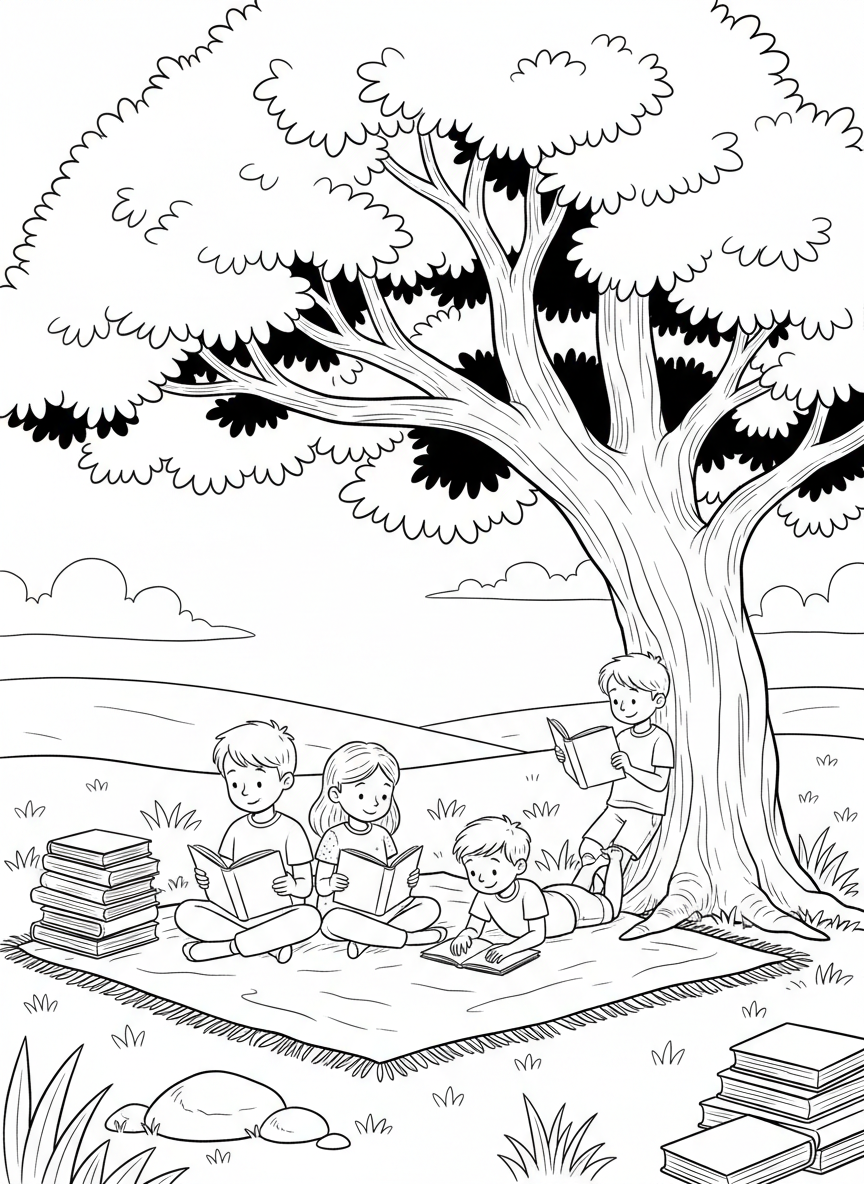 A group of children reading books together under a shady tree, with a stack of books nearby, peaceful educational scene