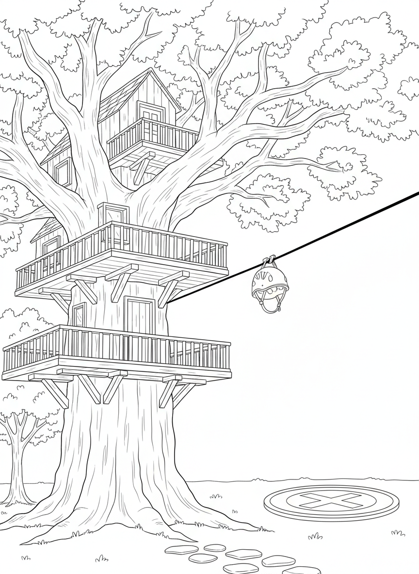 Adventure treehouse with a zip line launching platform, safety helmet hanging on a hook, and a landing pad visible below.