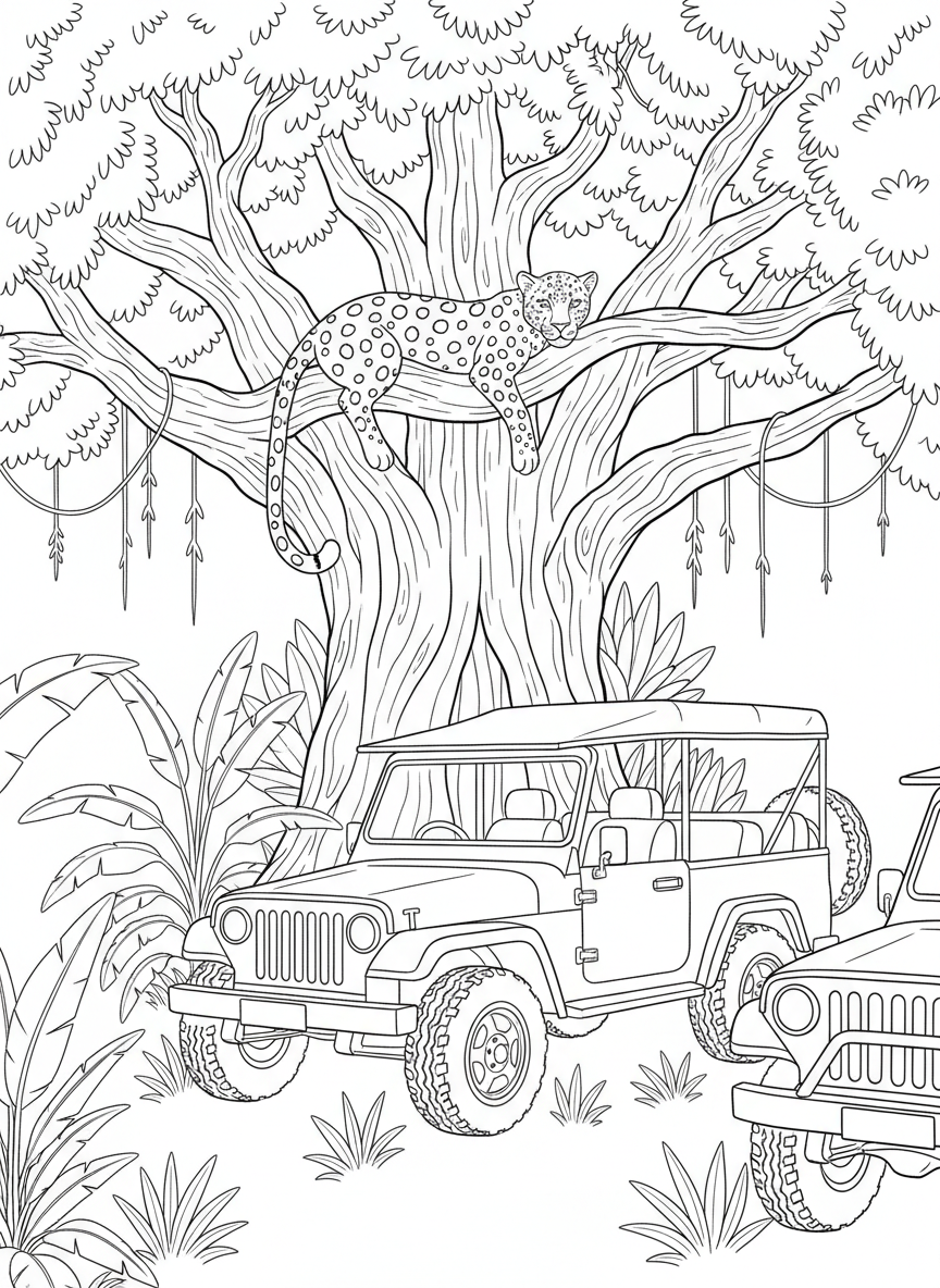 A safari jeep parked under a large jungle tree with a leopard resting on a branch above, peaceful scene.