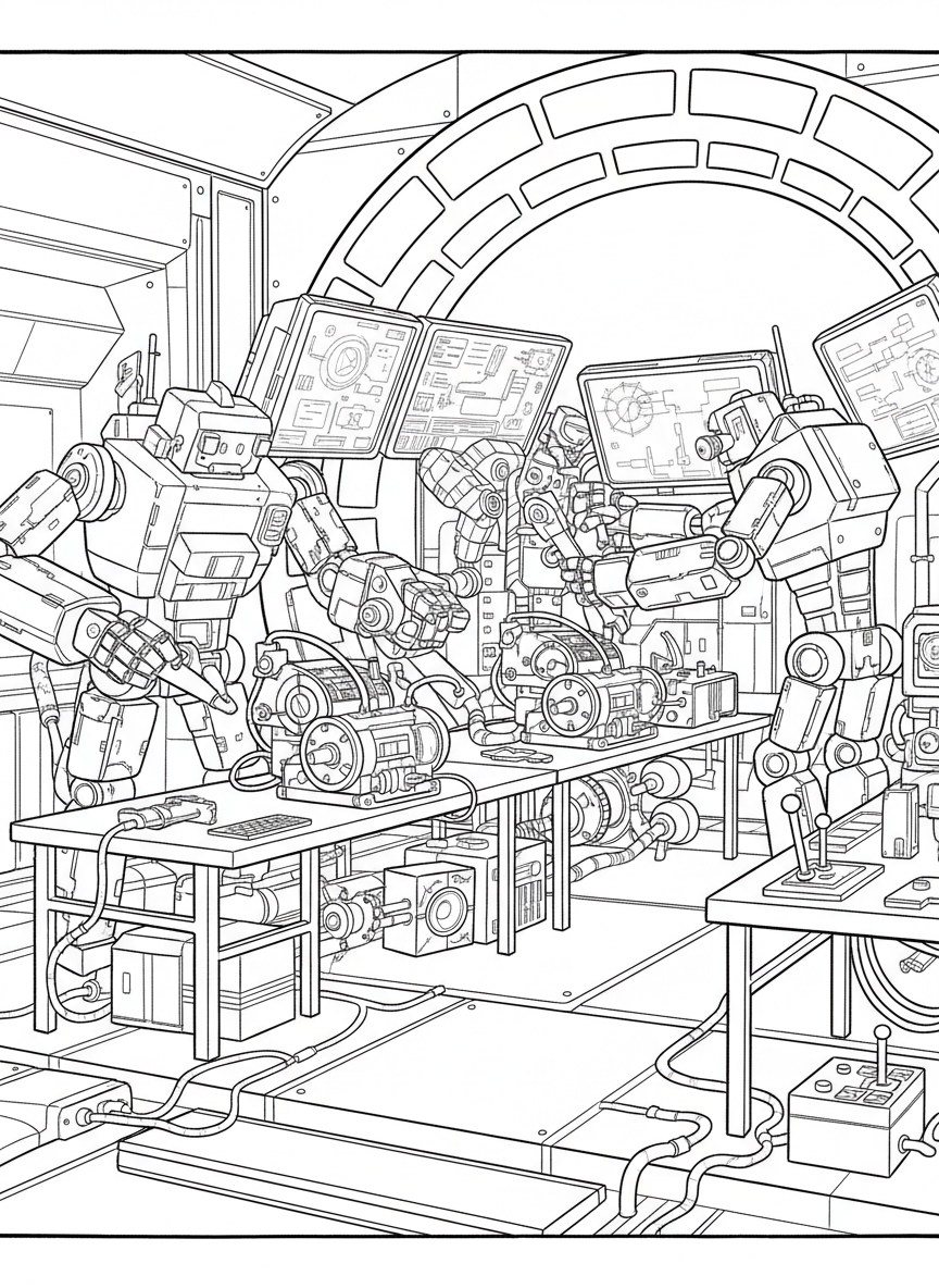A futuristic workshop where robots assemble inventions using tools, gears, workbenches, and computer screens.