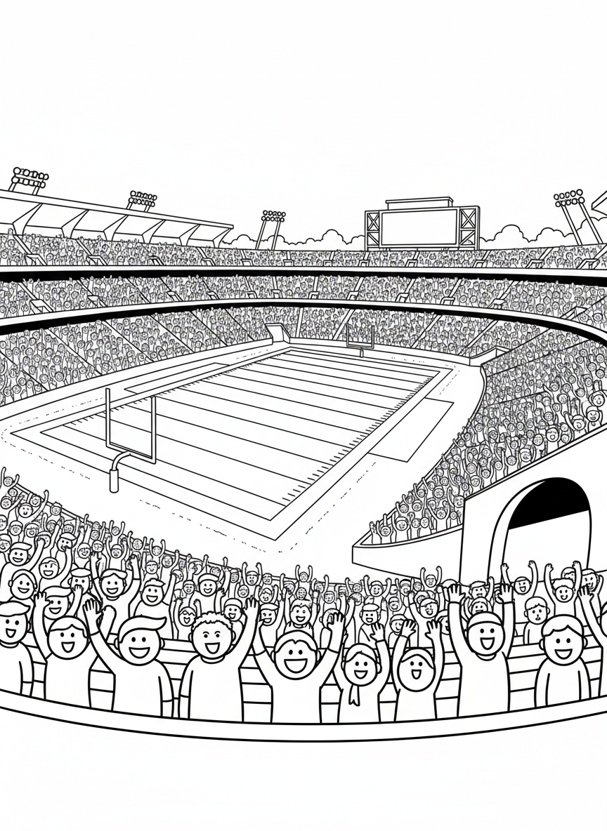 A football stadium scene with goalposts, bleachers filled with cheering fans, and a scoreboard, wide view for coloring