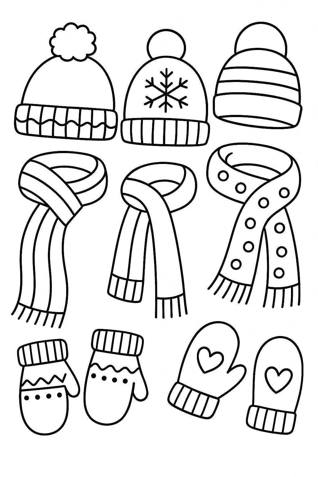 Set of winter hats, scarves, and mittens with simple patterns for seasonal crafting.