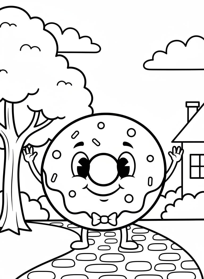 A smiling donut with big googly eyes and stick arms waving hello, wearing a tiny bow tie, simple line art for young children