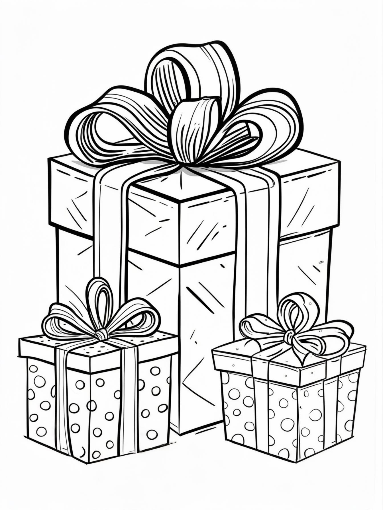 A beautifully wrapped present with a giant, curly ribbon and bow, sitting next to a smaller, polka-dotted gift box.