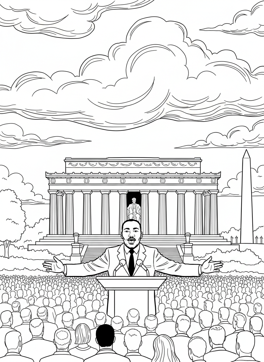 Martin Luther King Jr. standing in front of the Lincoln Memorial with clouds in the sky, iconic Washington DC scene