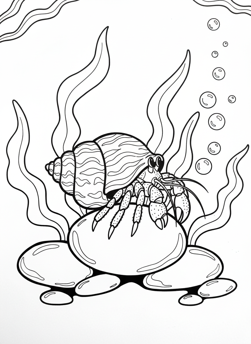 A playful hermit crab climbing over smooth tide pool stones, trailing bubbles, with seaweed fronds waving in the water.