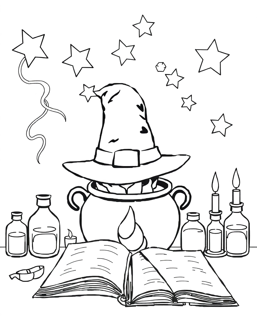 A witch’s hat sits on a table beside a bubbling cauldron, potion bottles, candles, and an open spell book. Steam rises in curvy lines with stars floating above.