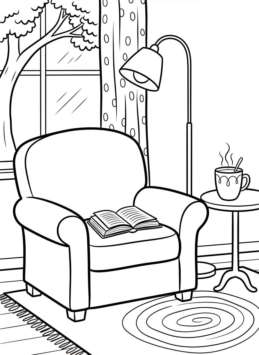A cozy armchair with a reading lamp beside it, an open book on the seat, and a mug of cocoa on a side table.