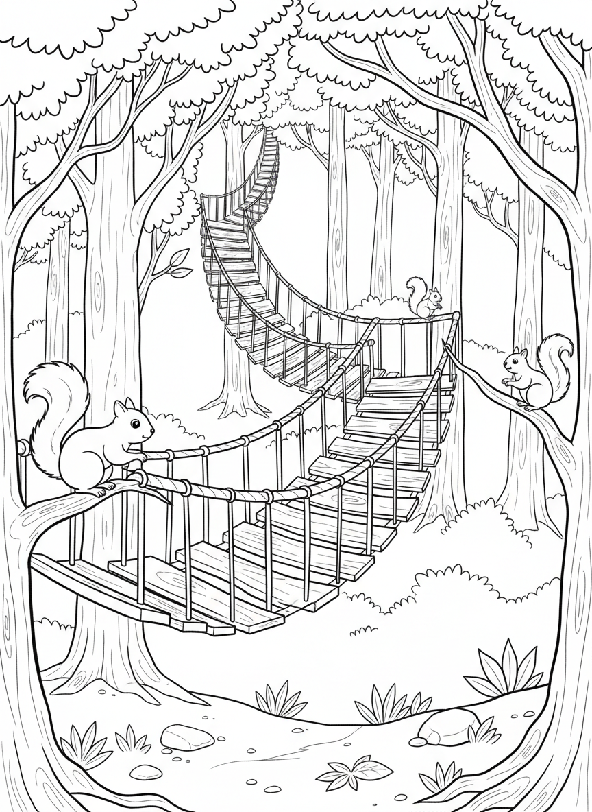 A long winding rope bridge with wooden slats stretching across a forest clearing, squirrels watching from nearby branches.