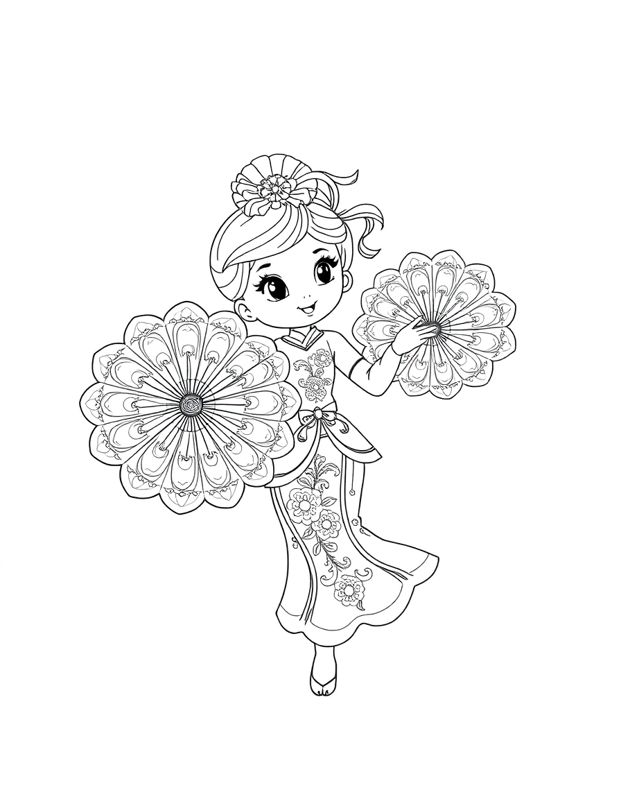 Fan Dance: A character holding two large, decorative fans with floral patterns, striking a graceful pose.