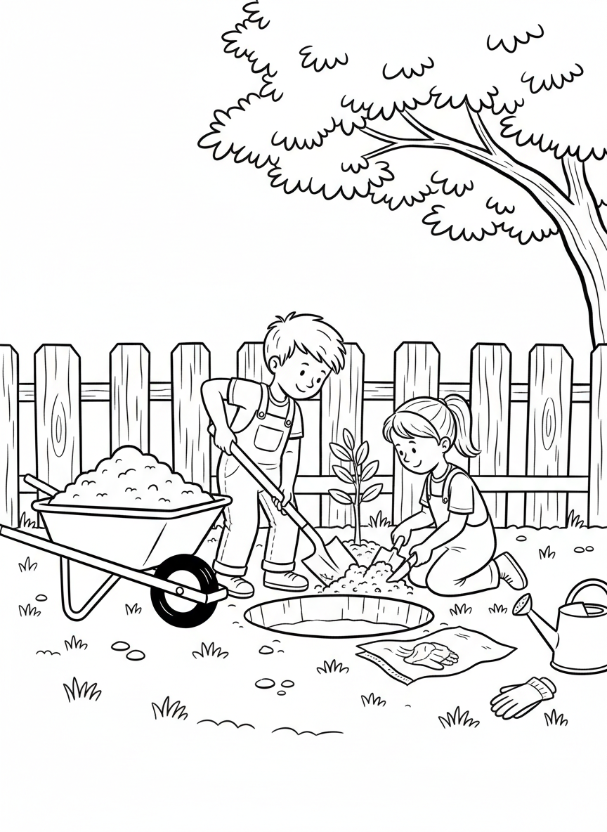 Two kids working together to dig a hole for a young tree, with a wheelbarrow full of soil nearby.