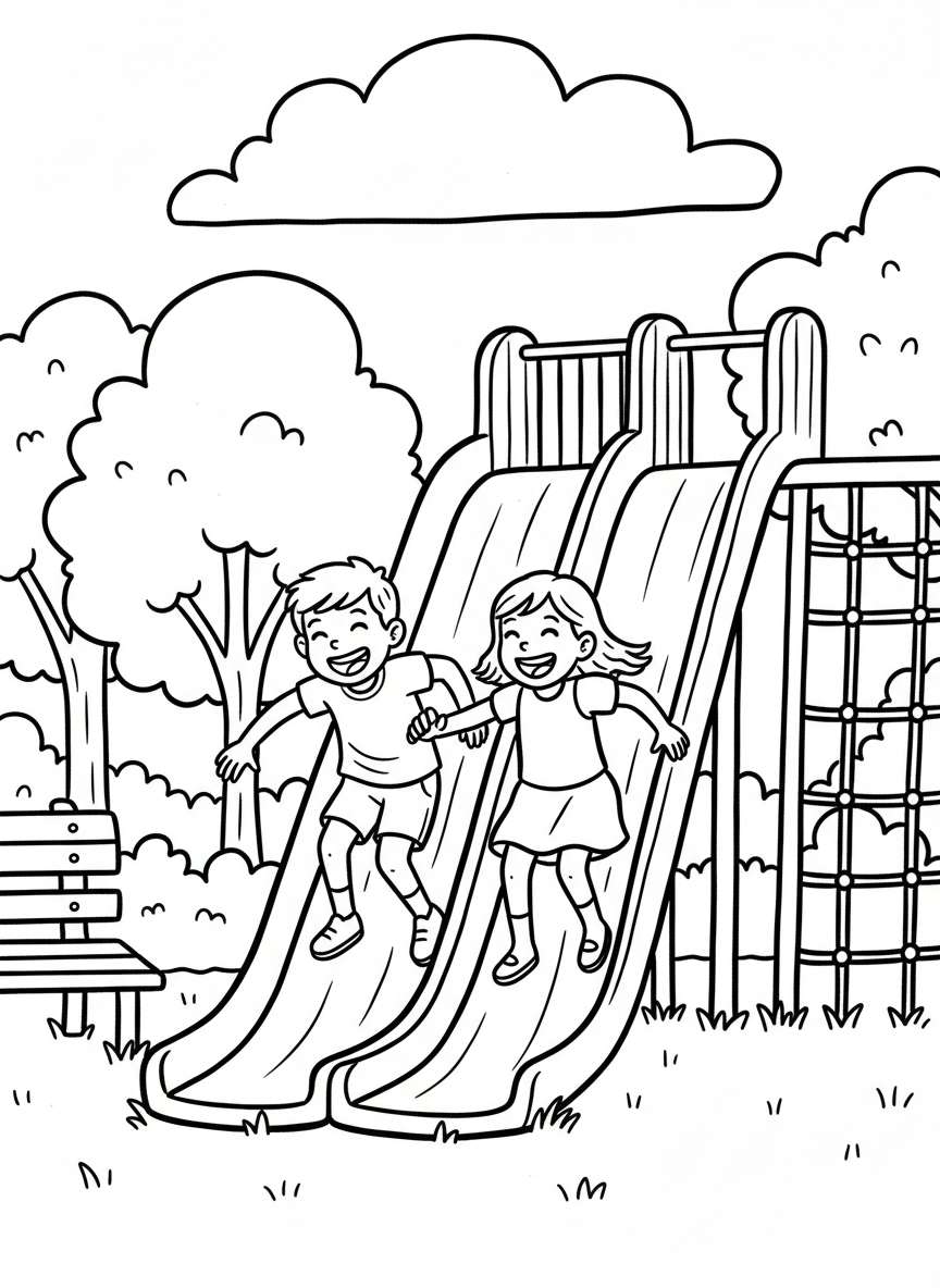 Two kids going down a double slide side-by-side, racing pose with excited faces