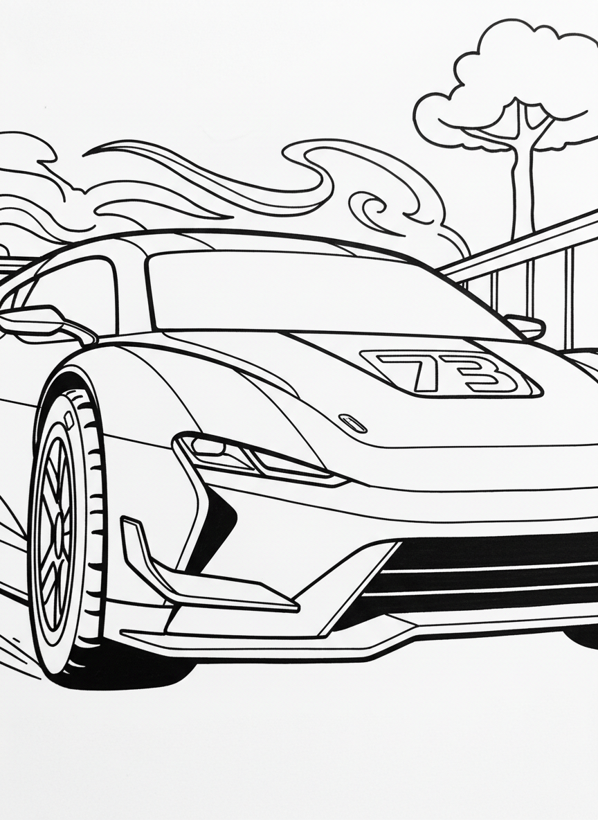 A close-up of a race car's front view showing the wheels, spoiler, and number on the hood, ready to color.