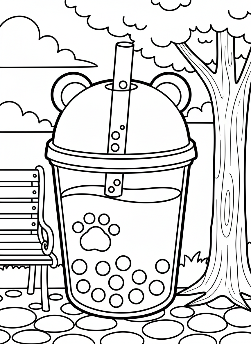 A bubble tea cup shaped like a bear, with ears on the lid and paw prints on the side, filled with boba