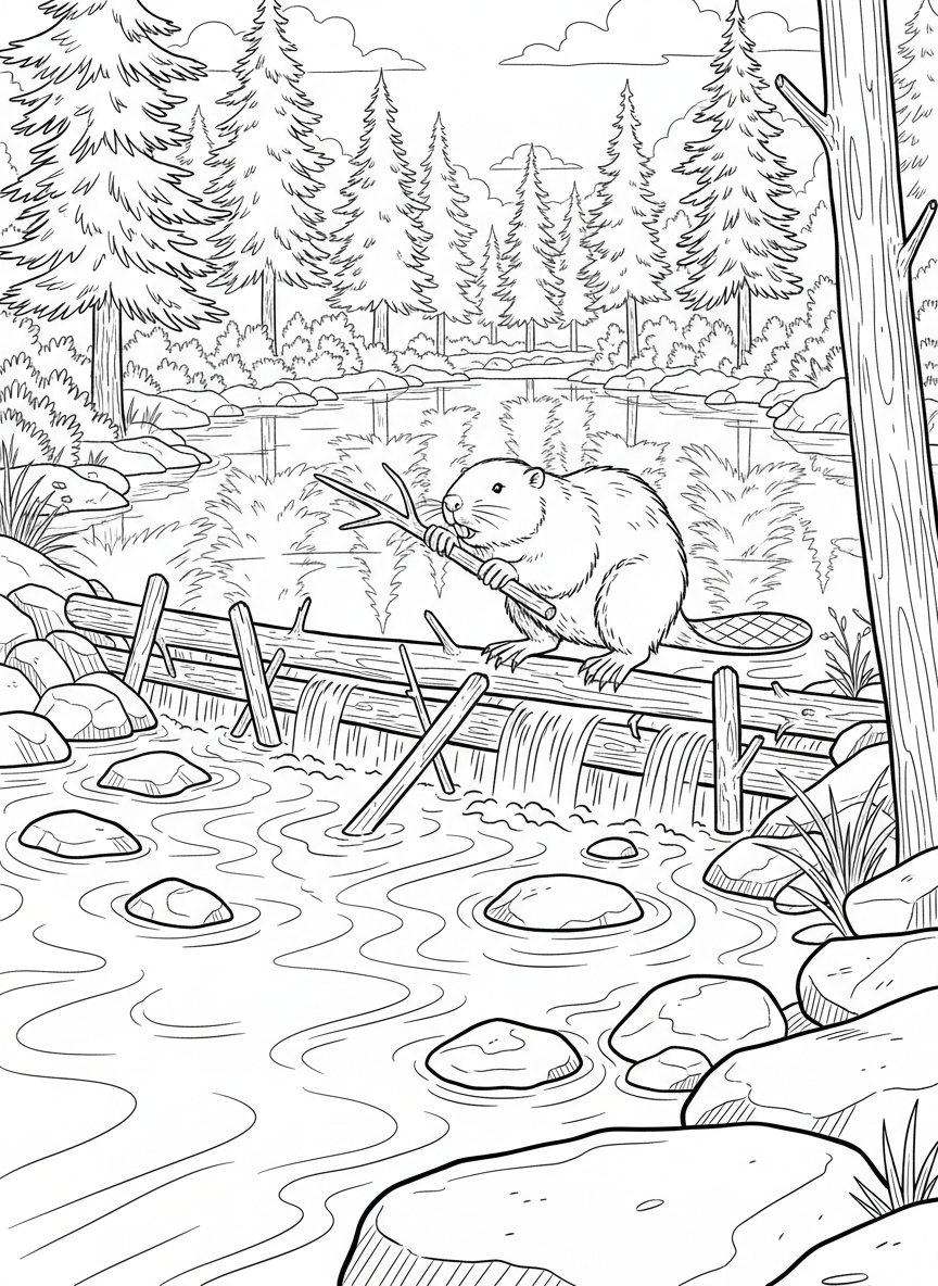 A beaver building a dam in a forest stream, carrying sticks in its mouth with trees reflected in the water.