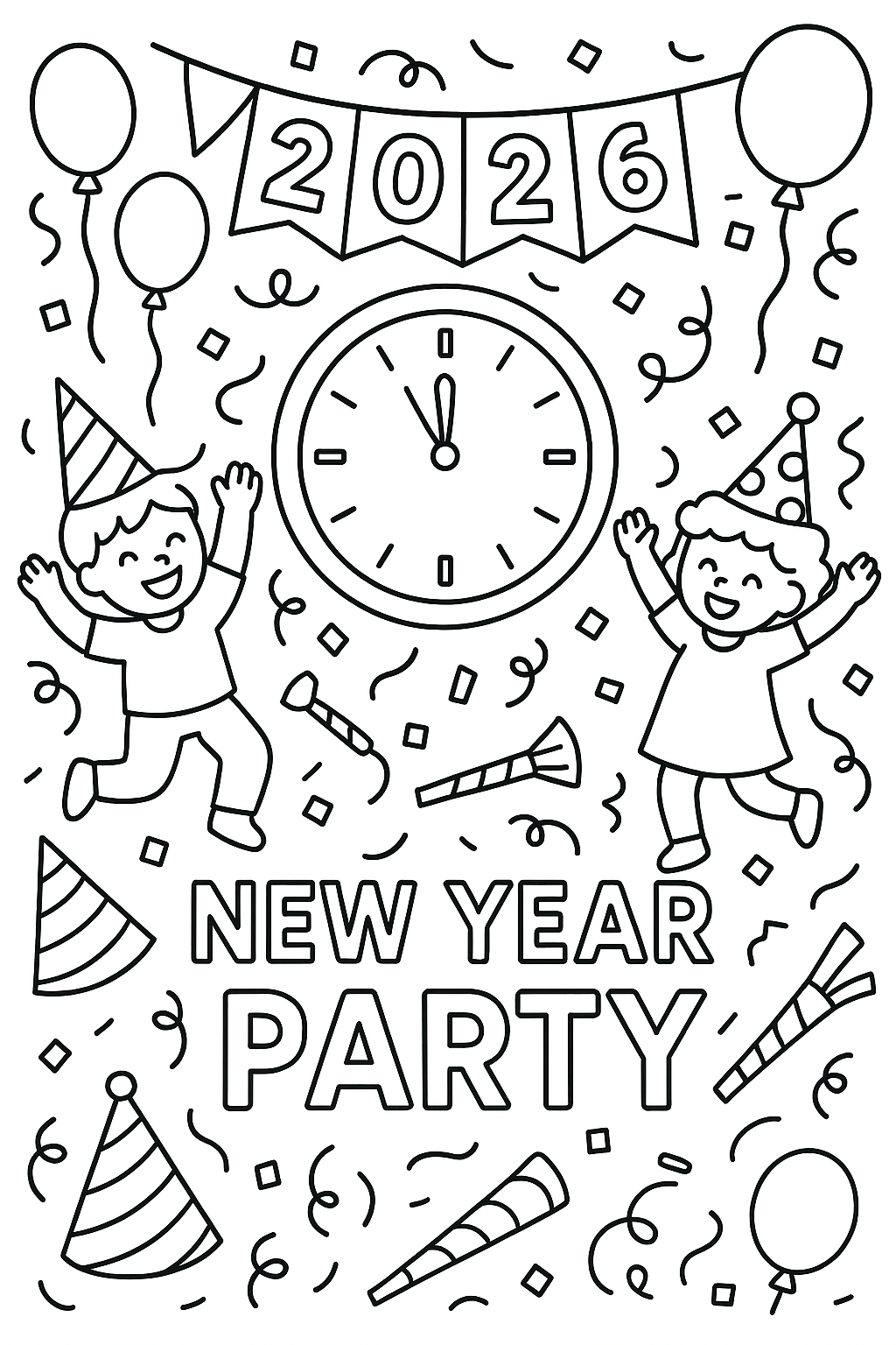 New Year party coloring scene: clock at midnight, balloons, confetti, party hats, noisemakers, dancing figures, 2026 banner, thick outlines, celebration scene for kids
