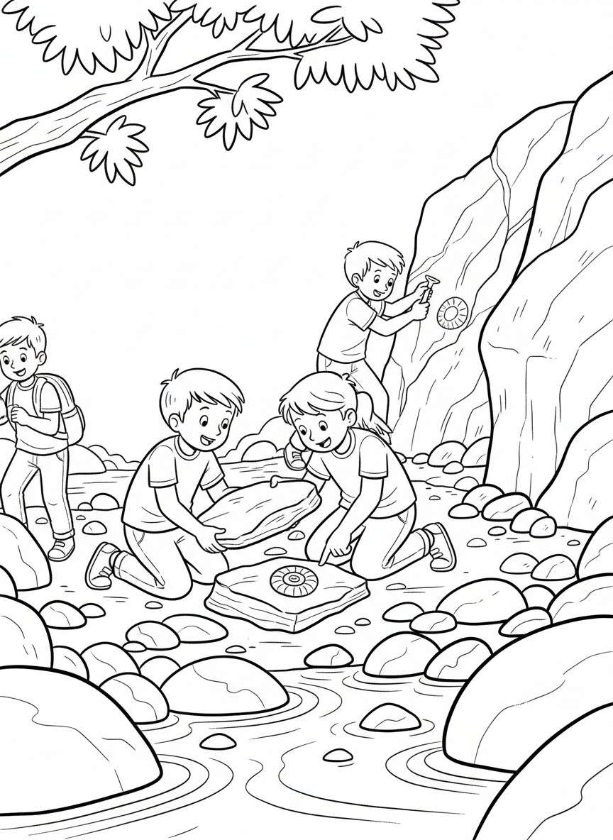 Kids exploring a rocky creek bed, turning over stones and discovering fossils embedded in the rock layers.