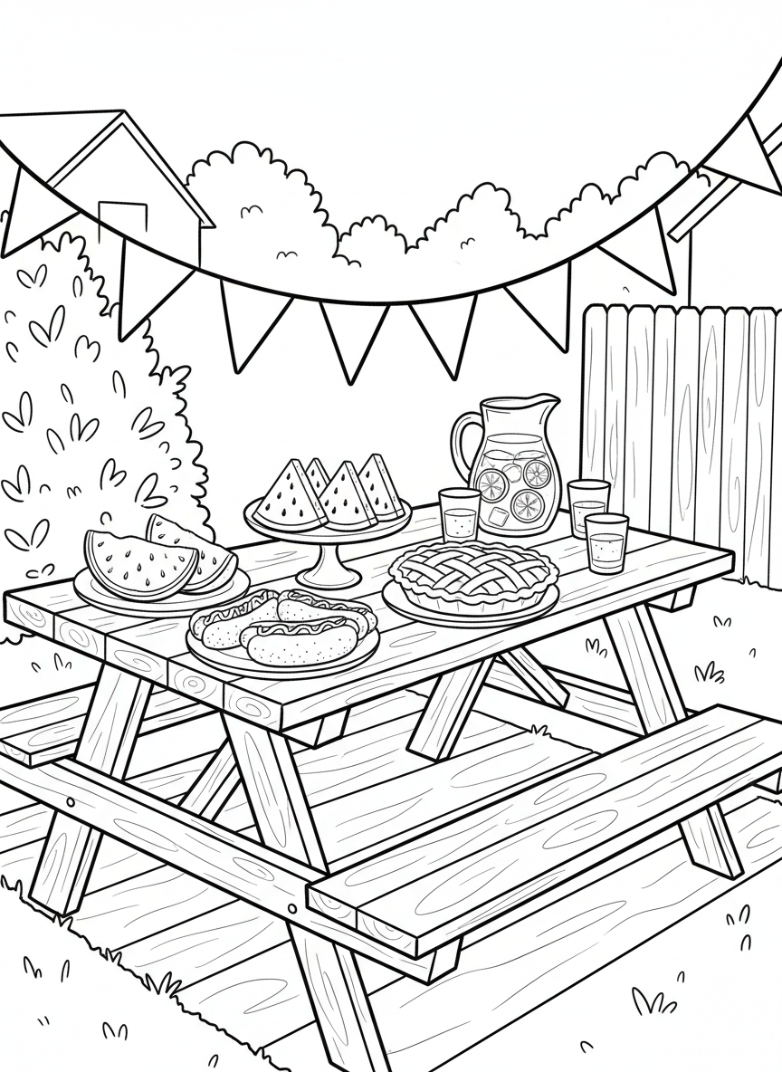 A backyard picnic table loaded with hot dogs, watermelon slices, apple pie, and lemonade pitcher, with party decorations hanging above