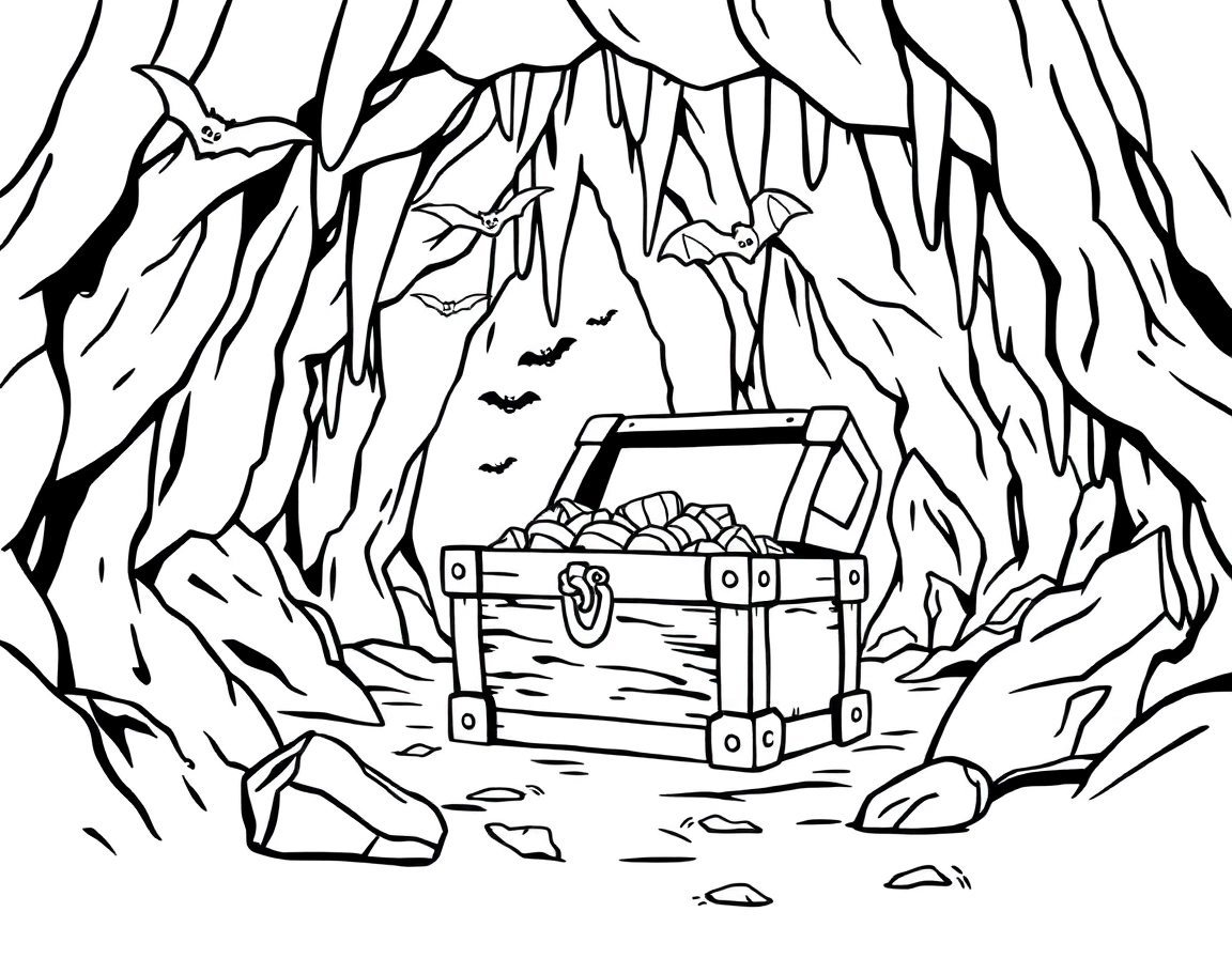 A treasure chest deep inside a rocky cave, surrounded by stalactites and bats. The chest is half open with mysterious treasure shining inside.