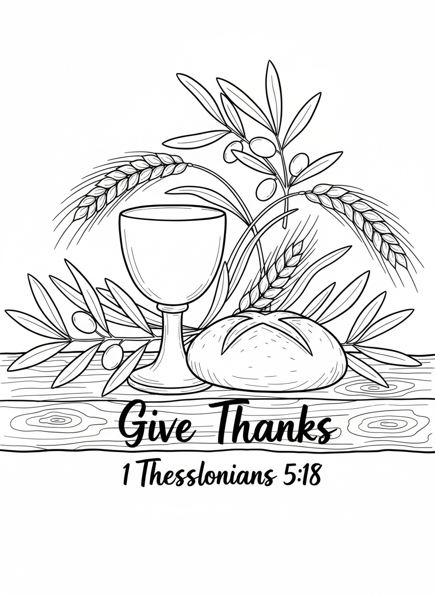 A simple chalice and bread with wheat stalks, olive branches, and 'Give Thanks 1 Thessalonians 5:18' in graceful lettering above