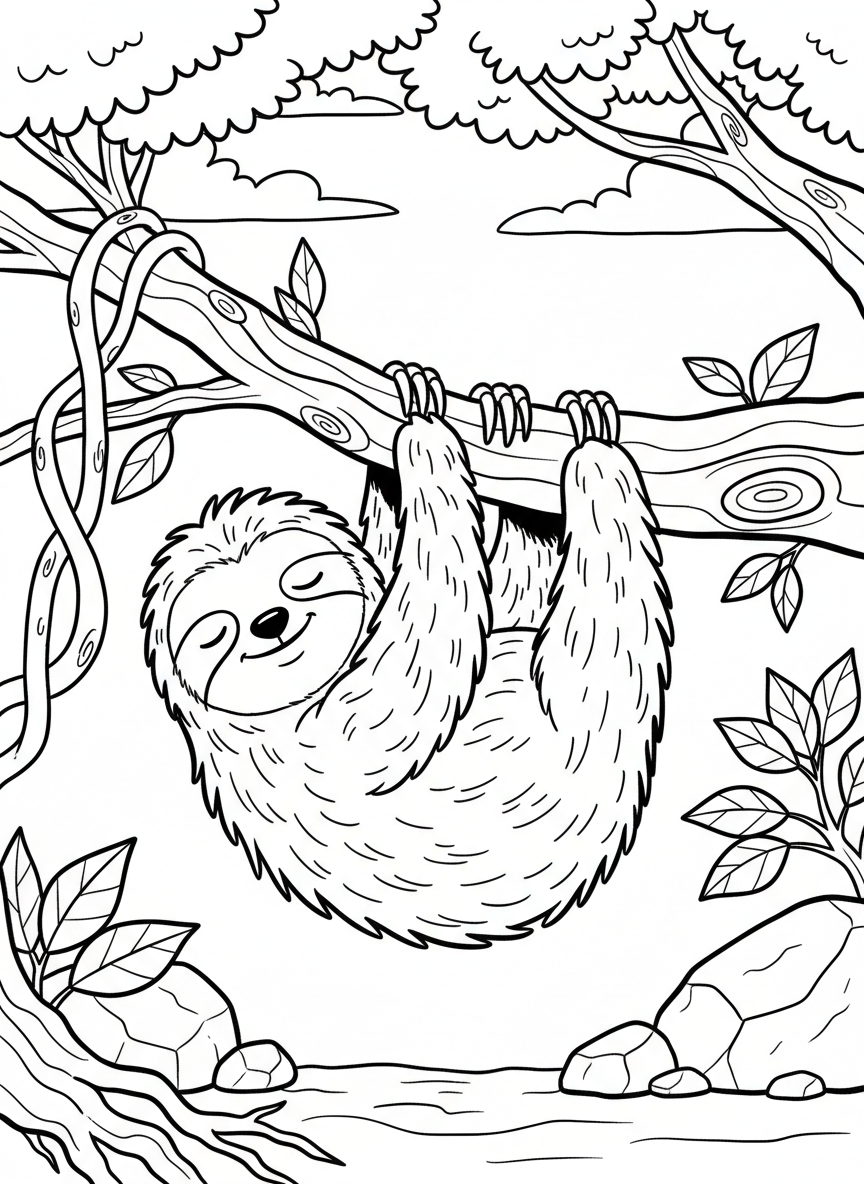 A sleepy sloth hanging upside down from a tree branch, with a gentle smile, long claws, and shaggy fur outlined in simple shapes.
