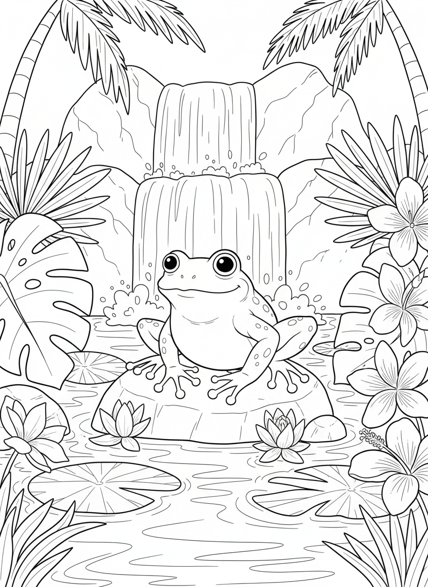 A tropical lagoon scene with lily pads, a small waterfall, exotic flowers, and a friendly frog sitting on a rock.