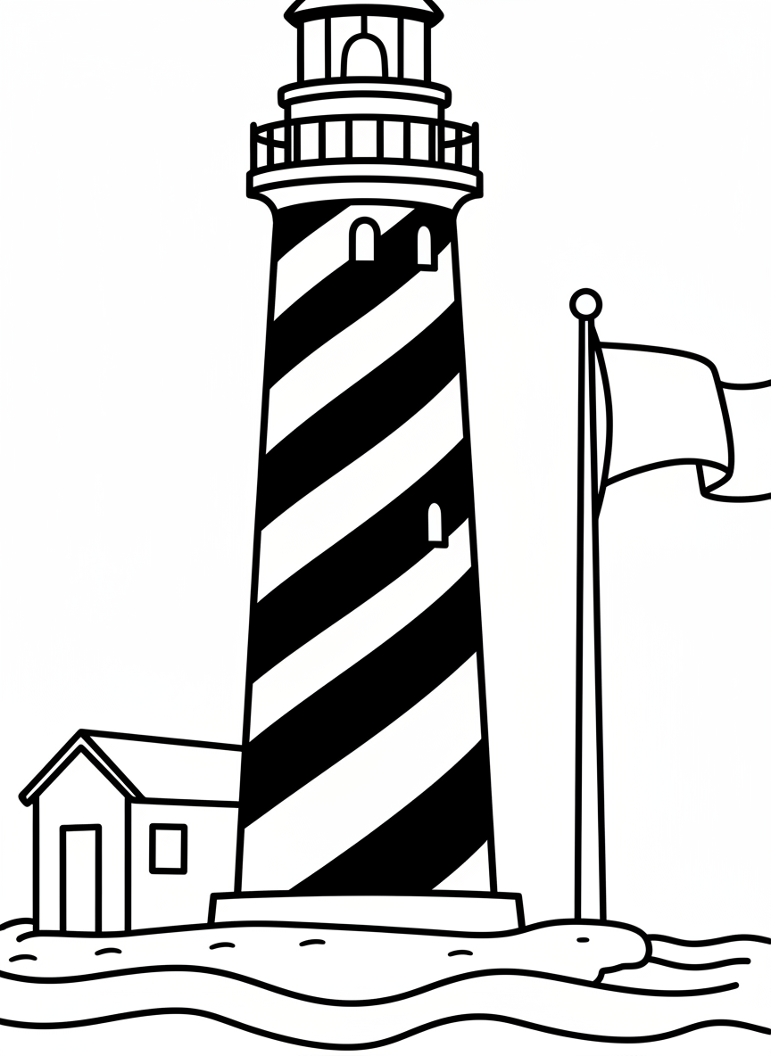 A tall lighthouse tower with a spiral stripe pattern, standing next to a small supply shed and a flagpole with a waving flag