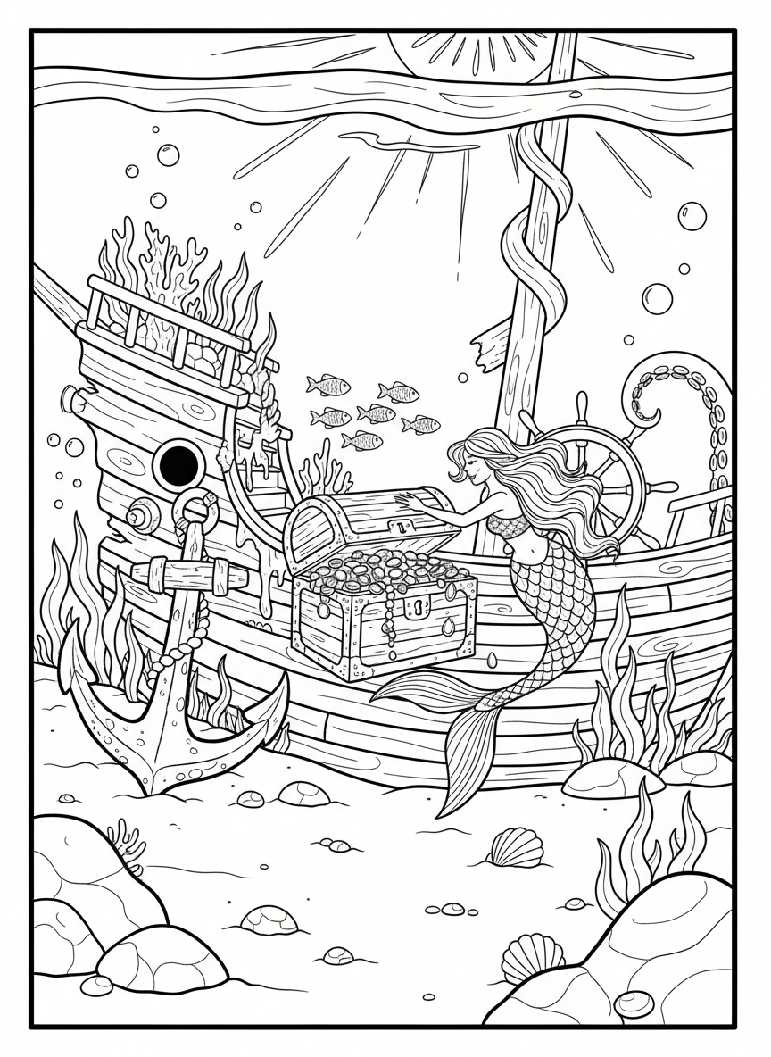 A sunken pirate ship with a treasure chest, anchor, and wheel, with a curious mermaid exploring the deck