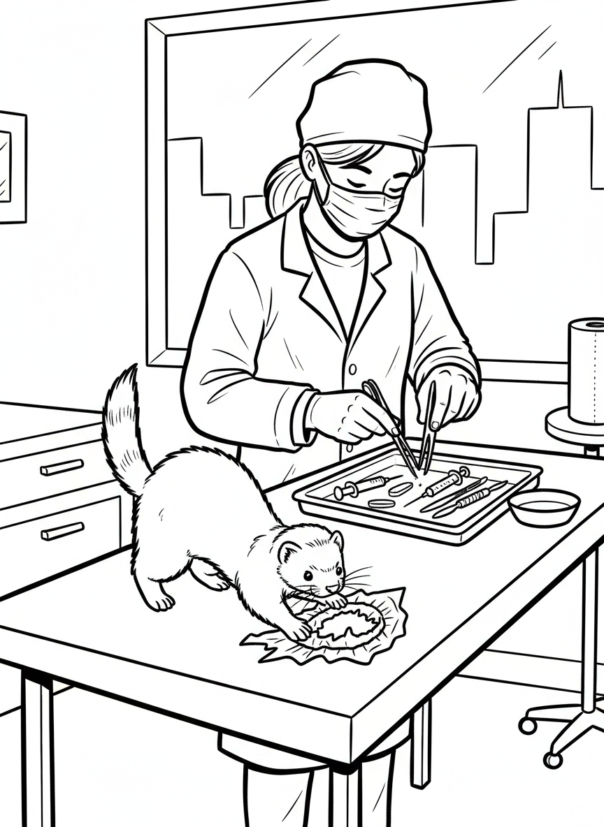 A ferret playing with a toy while waiting on the exam table, vet preparing instruments in the background