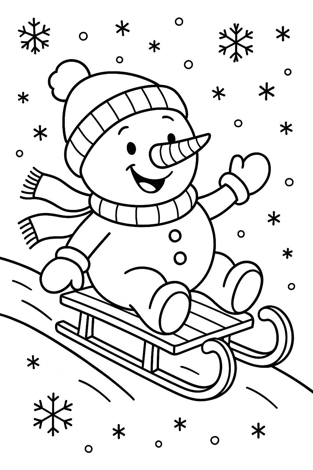 A cheerful snowman wearing a scarf and hat riding a sled down a snowy hill, smiling as snowflakes swirl around.