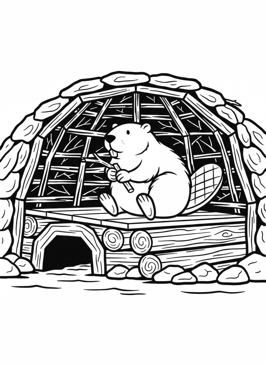 A beaver inside its cozy lodge with wooden walls, sitting on a dry platform, entrance tunnel visible